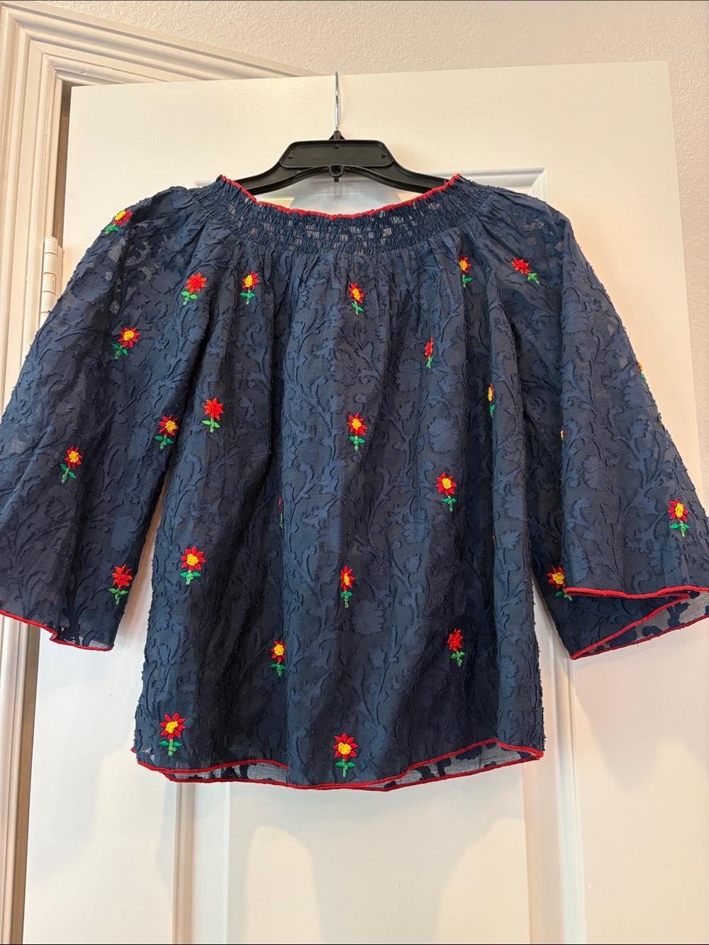 Navy Floral Embroidered Off-Shoulder Blouse
